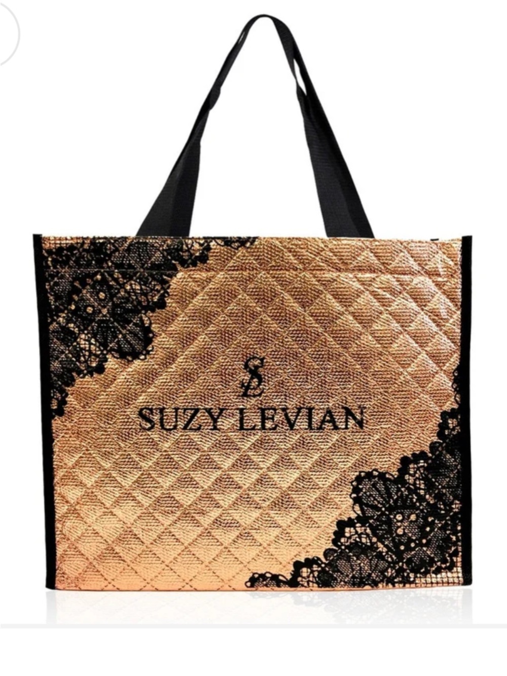 Levian Rose Gold Quilted Tote with Black Lace Accents